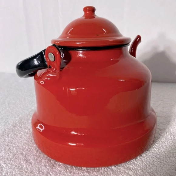 Vintage Red Enamel Kettle Teapot With Handle - Picture 6 of 14